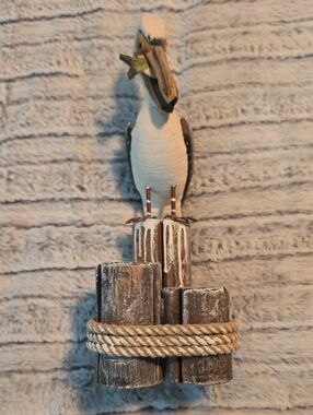 Wooden Pelican Nautical Statue - White & Brown